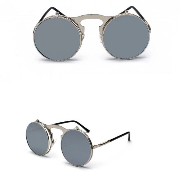 Round Gray Lens Silver Metal Frame Dual Lens Retro Sunnies Sunglasses NEW - Picture 1 of 4